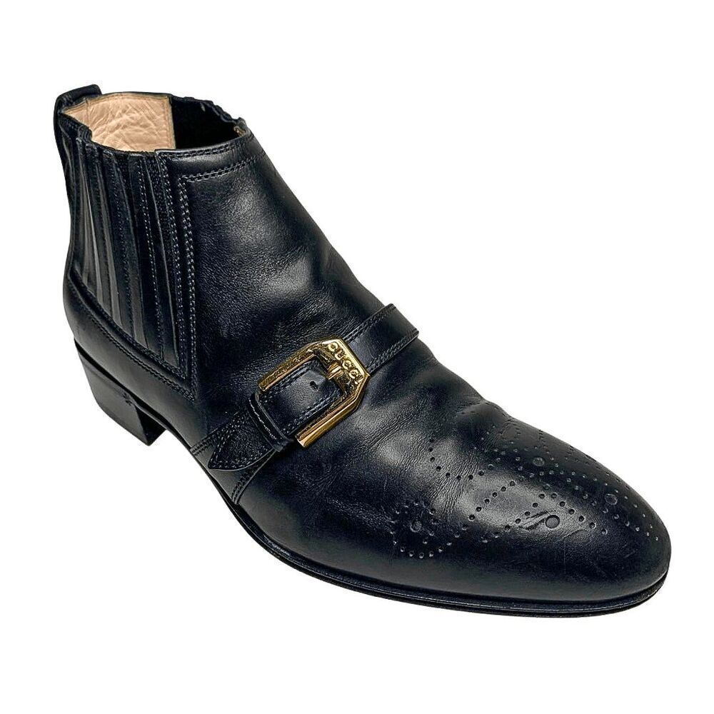 Gucci Interlocking G Logo Perforated Brogue Ankle Boots EU 36 US 6 Black Leather